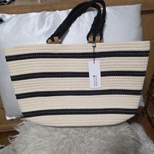 Molly Bracken/ Black and Cream Striped Woven Tote Bag